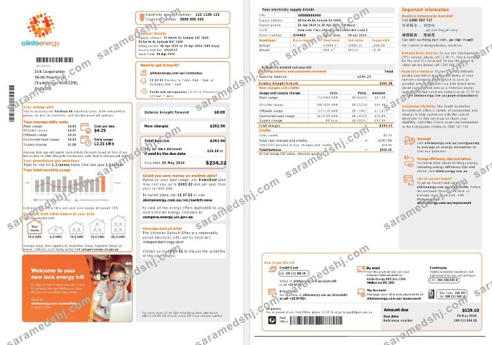 Australia Alinta Energy electricity business utility bill template in Word and PDF format, 2 pages